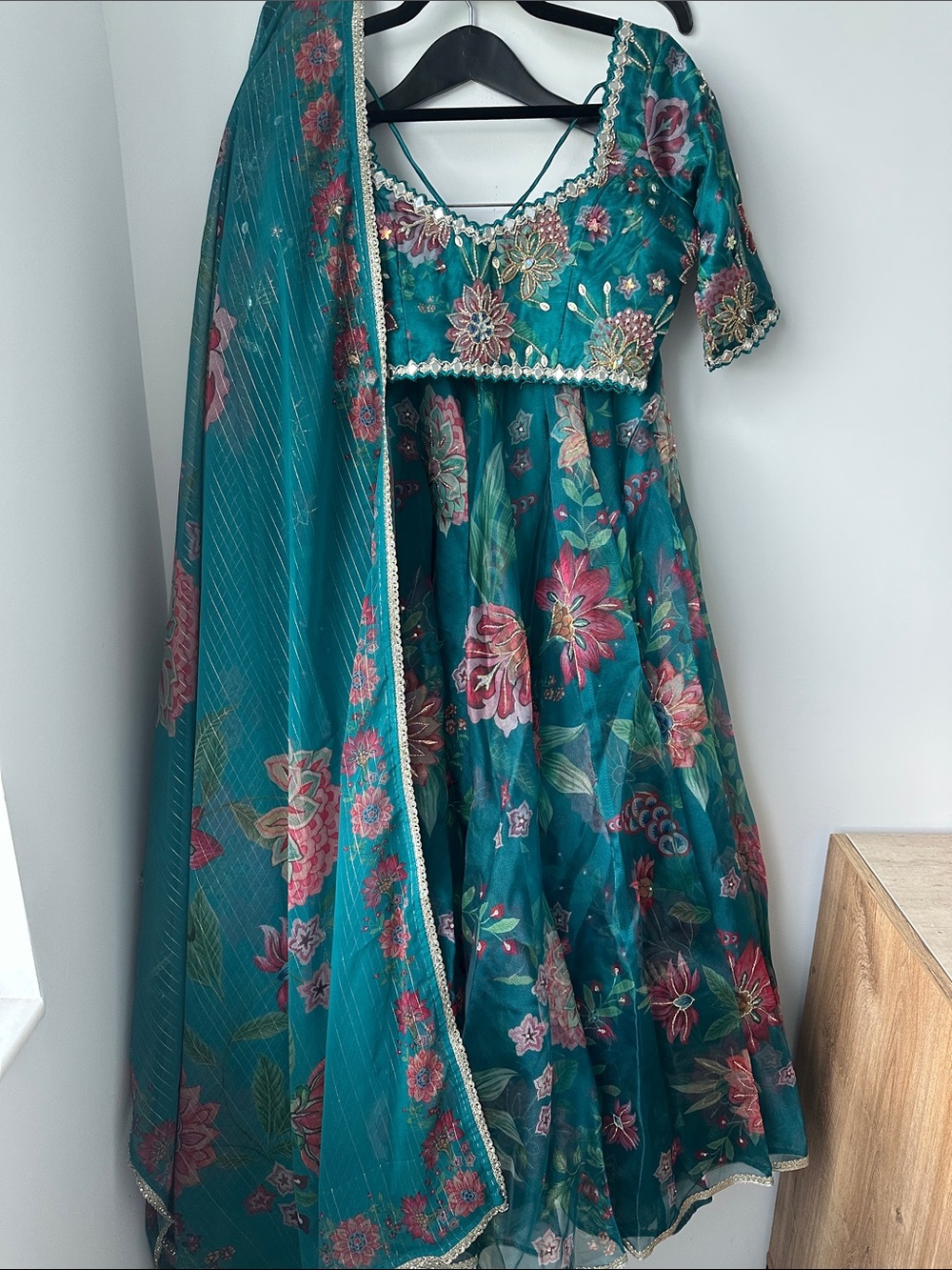Lashkaraa Teal Green Multicolor Floral Printed Lehenga